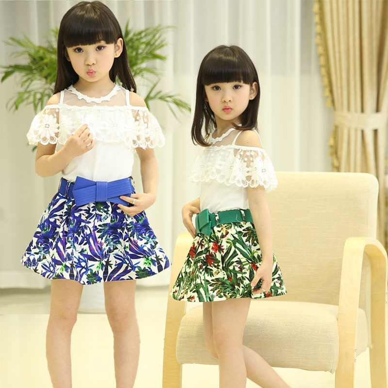 童裝女童套裝夏裝2016新款大腰帶蕾絲裙子兩件套兒童韓版一件代發批發・進口・工廠・代買・代購