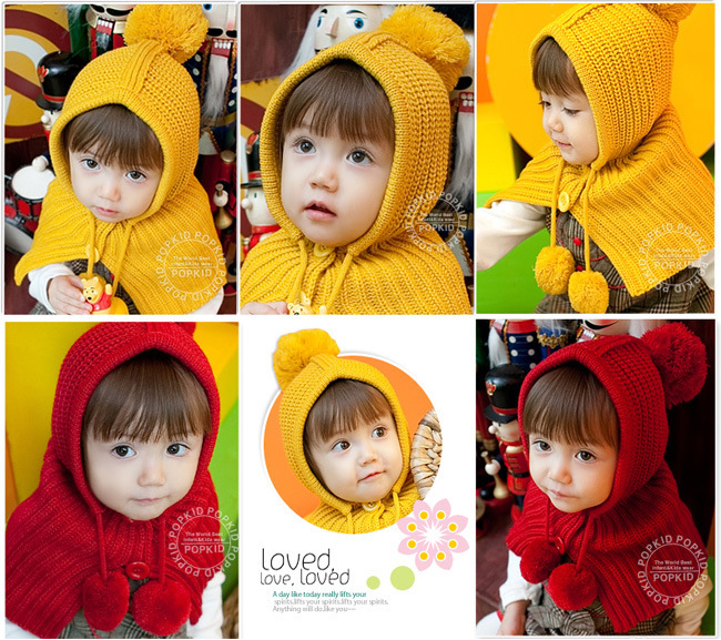 新款韓版兒童披肩連身毛線針織帽鬥蓬雙球紐扣帽子批發・進口・工廠・代買・代購