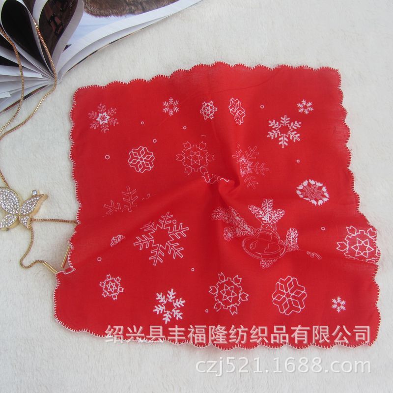 專業生產全棉聖誕節月牙邊雪花印花兒童手帕方巾 歡迎客戶定訂做批發・進口・工廠・代買・代購
