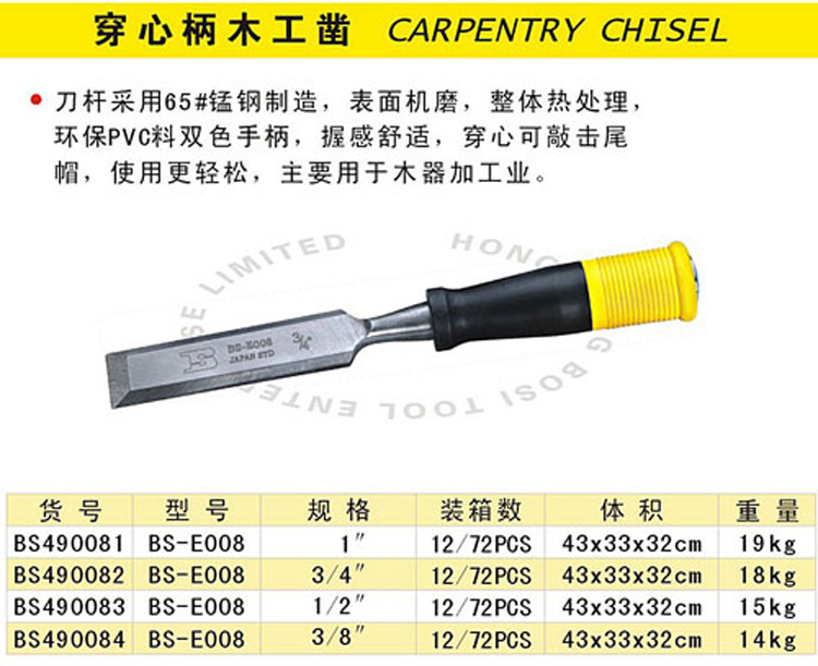 波斯BS490082、1"、3/4"、1/2"、3/8雙色穿心柄 木工鑿扁鑿木鑿工廠,批發,進口,代購