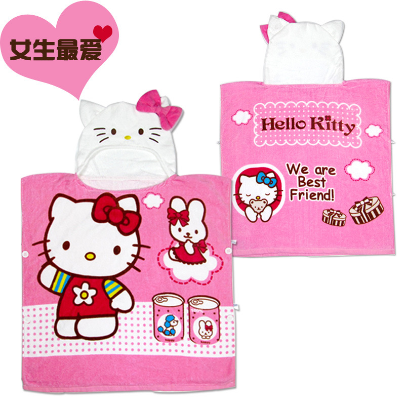 2015年新款兒童浴袍 HELLO KITTY帶帽浴巾 粉色貓咪套頭浴衣 全棉批發・進口・工廠・代買・代購