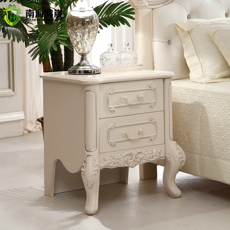 歐式臥室傢具 白色描銀橡木 實木雕花法式方形床頭櫃兩抽一件代發工廠,批發,進口,代購