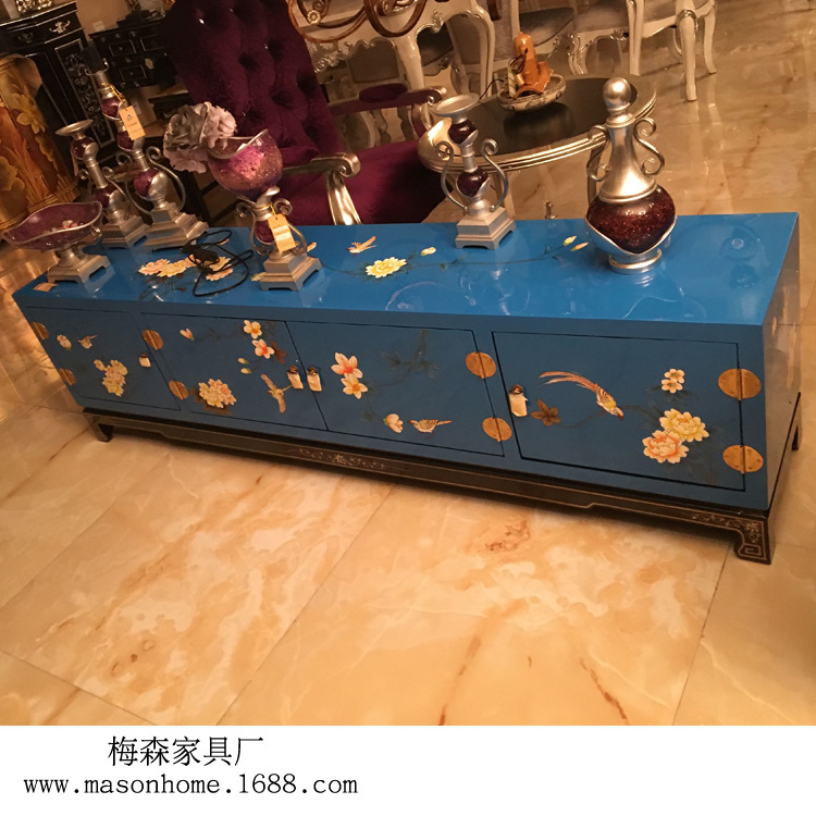 新中式漆繪藍色電視櫃 定製新古典漆器 彩繪中式電視櫃 廠傢定製批發・進口・工廠・代買・代購