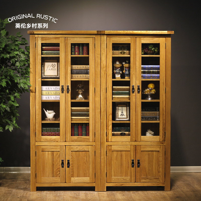 全實木書櫃書架自由組合 橡木玻璃門書櫥帶抽屜簡約大連美式傢具工廠,批發,進口,代購