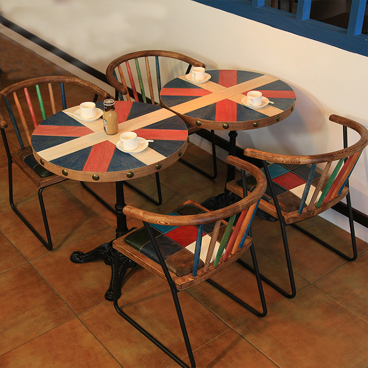 美式鄉村實木餐桌復古休閒圓形米字餐廳桌椅咖啡鐵藝桌椅組合定製工廠,批發,進口,代購