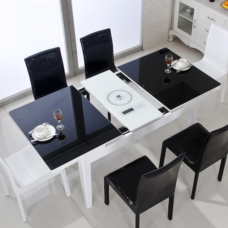 帕麗亞現代簡約鋼化玻璃餐桌椅組合 伸縮電磁爐餐桌小戶型可折疊工廠,批發,進口,代購