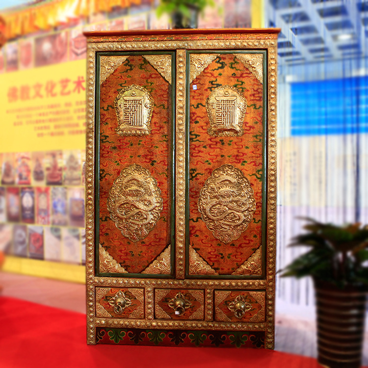 藏式傢具  二門三屜雙龍立式包銀櫃  藏族實木傢具  復古風批發・進口・工廠・代買・代購
