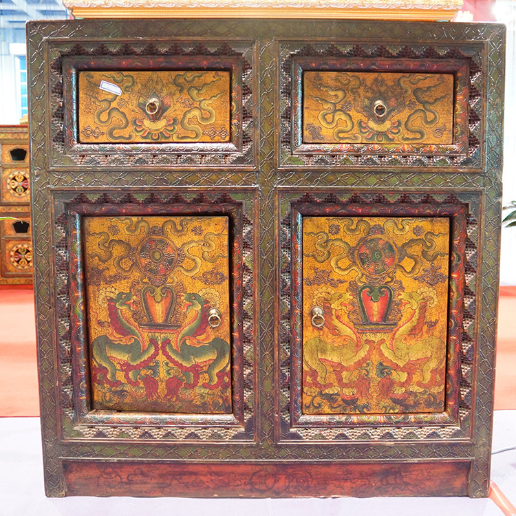 藏式傢具 二門二屜黃底木刻櫃  藏族實木傢具  復古風批發・進口・工廠・代買・代購