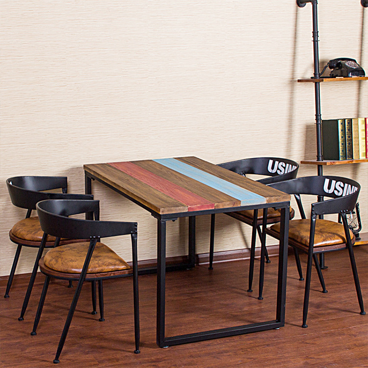 美式鄉村復古鐵藝實木咖啡廳桌椅創意餐廳做舊彩色條紋餐桌椅組合工廠,批發,進口,代購