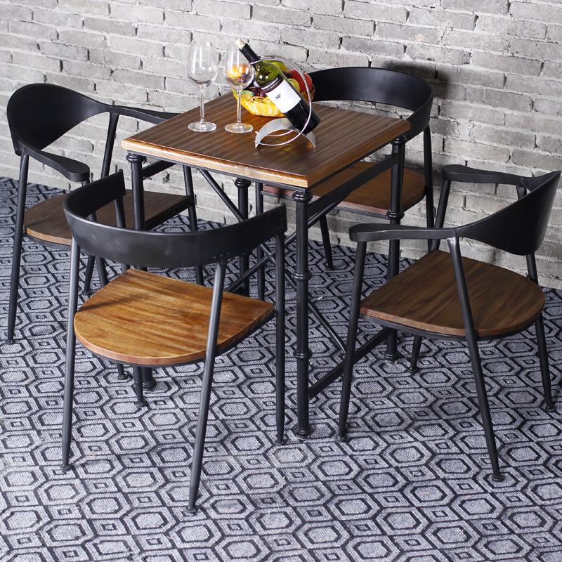 新款美式鐵藝創意復古方形咖啡廳桌椅組合 奶茶店休閒實木餐桌椅工廠,批發,進口,代購
