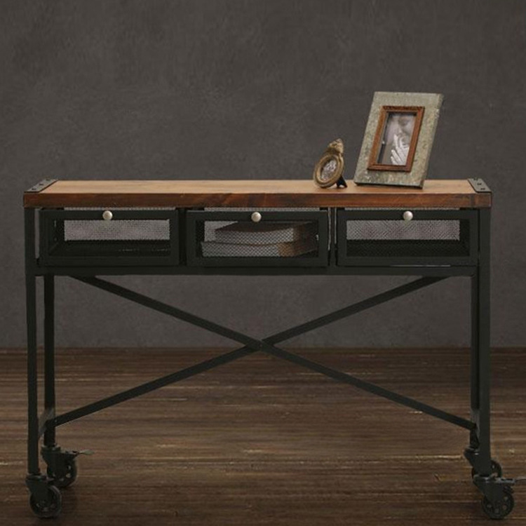鴻輝 復古做舊實木鐵藝客廳帶櫃書桌 仿古簡易創意帶輪可移動書桌工廠,批發,進口,代購