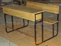 原始實木麵板、加厚鐵架桌子和椅子連身二人位課桌椅工廠,批發,進口,代購