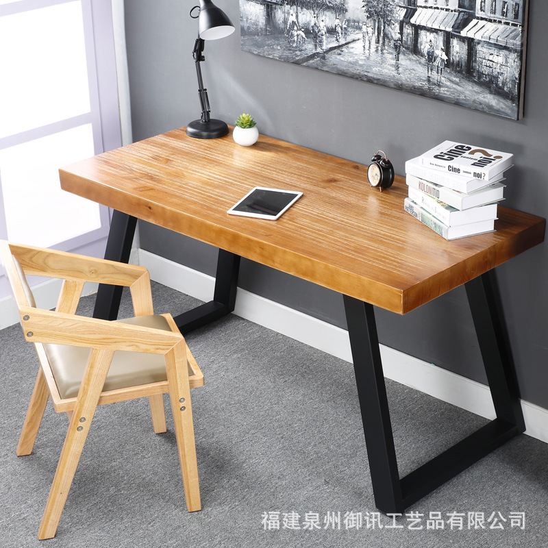 現代歐式鐵藝實木餐桌簡約雙人書桌寫字臺木板加厚牢固工作桌子批發・進口・工廠・代買・代購