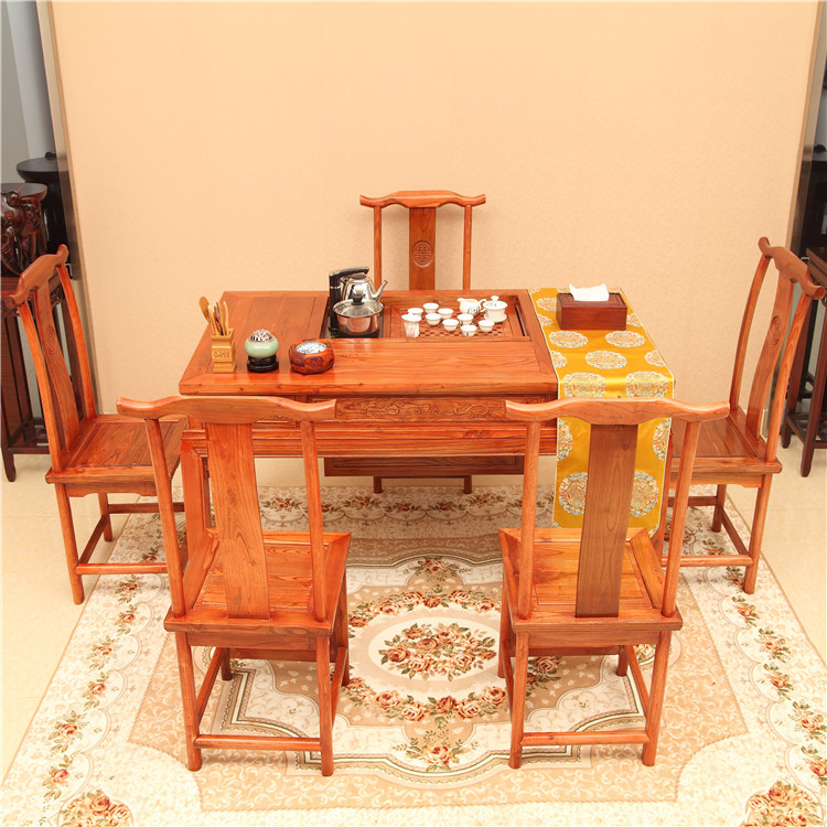 中式實木功夫茶桌椅組合兩用茶幾明清仿古傢具榆木泡茶臺1.5米工廠,批發,進口,代購