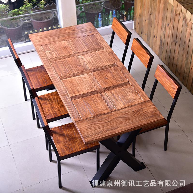 歐式新款餐廳飯店餐桌椅組合 復古實木碳燒拉絲長桌椅子可定製批發・進口・工廠・代買・代購