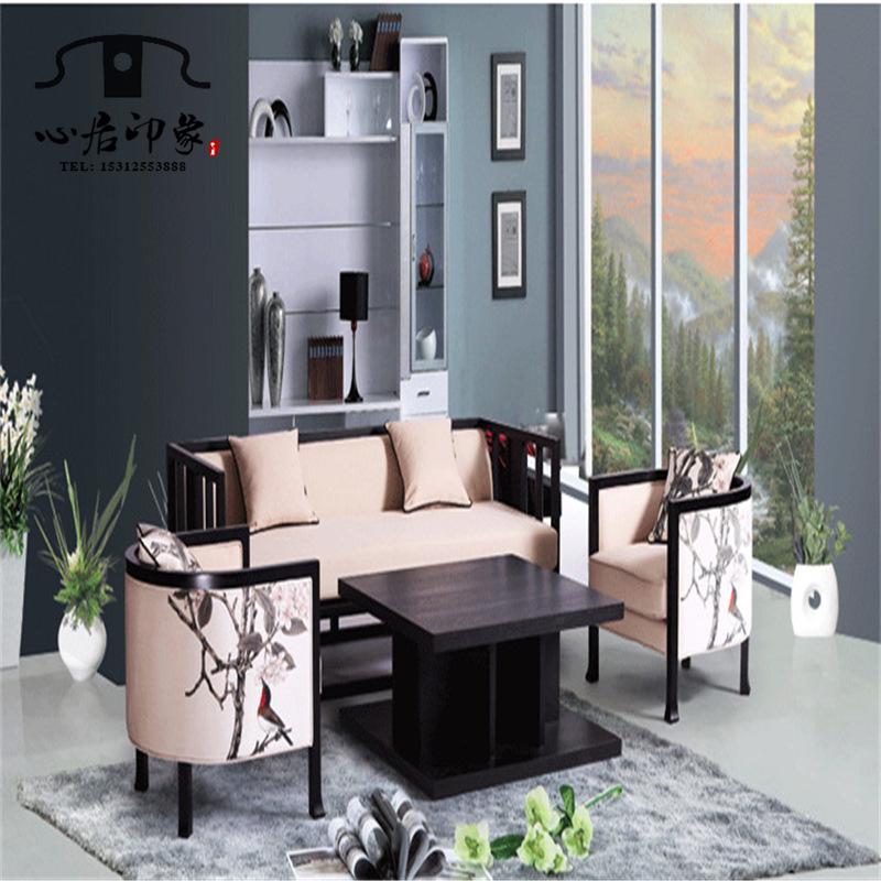 現代新中式沙發組合印花簡約三人沙發實木小戶型定製傢具批發・進口・工廠・代買・代購