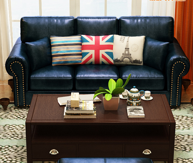 美式真皮沙發 簡約歐式客廳復古懷舊實木藍色油蠟皮1+2+3沙發鉚釘批發・進口・工廠・代買・代購