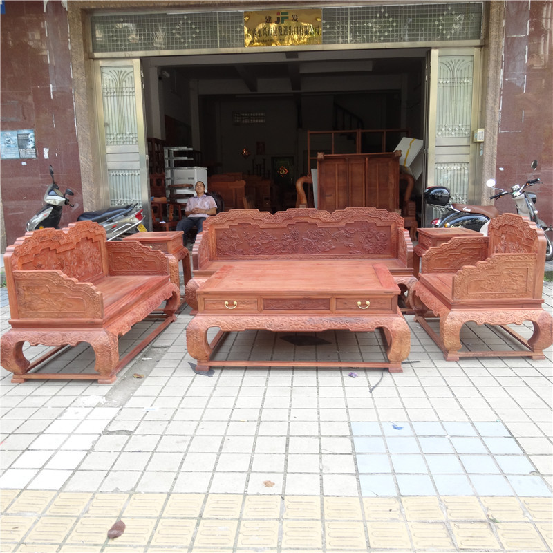 緬甸花梨木寶座六件套實木沙發 大果紫檀雙麵雕刻123荷花獨板沙發批發・進口・工廠・代買・代購