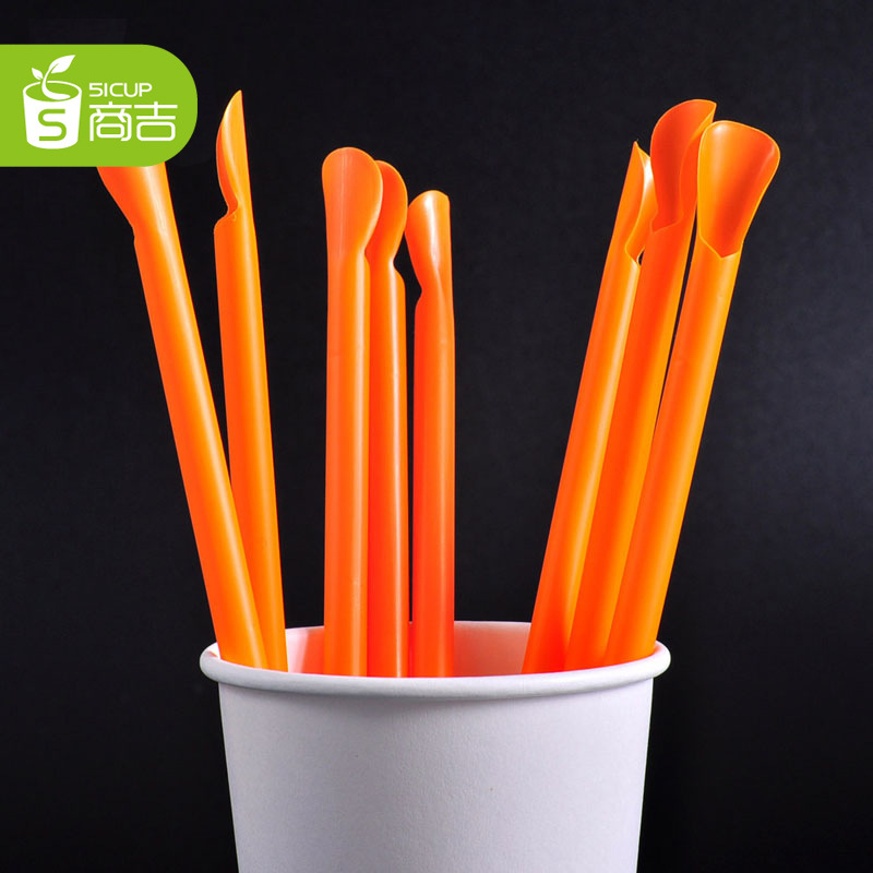 商吉 獨立裝橙色帶勺吸管一次性塑料果汁飲料勺型吸管批發1000隻工廠,批發,進口,代購