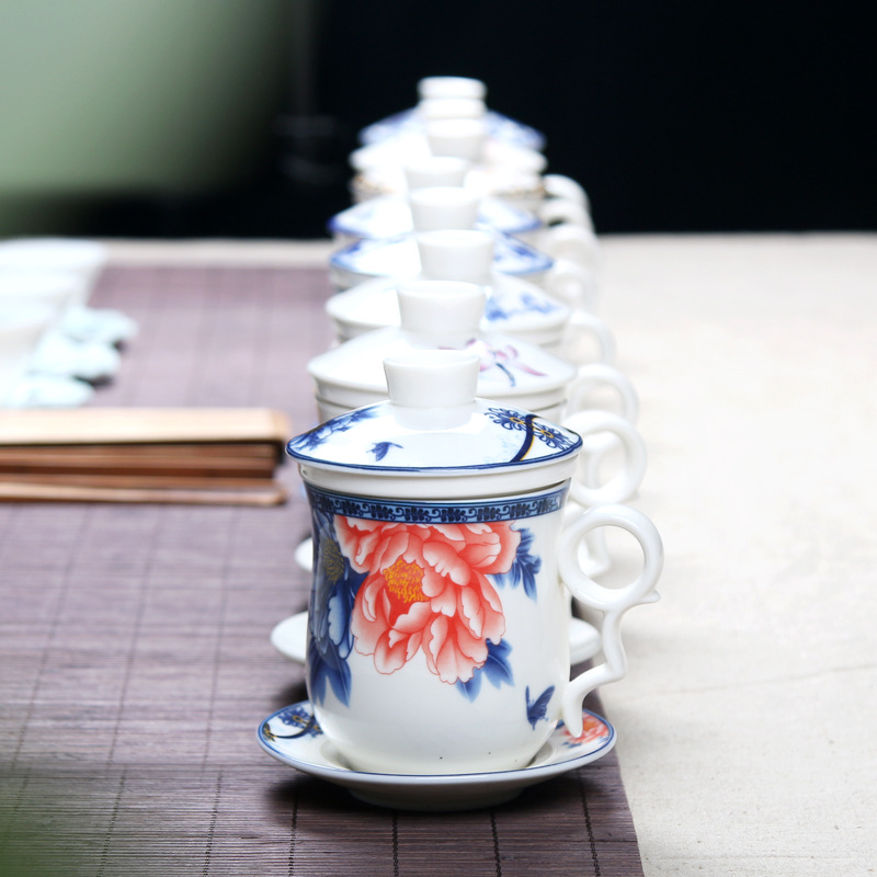 四件杯 陶瓷青花瓷杯功夫個人泡茶杯帶蓋過濾辦公室會議水杯特價工廠,批發,進口,代購