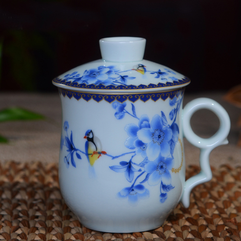 德化縣廠傢直銷青花陶瓷茶杯帶蓋辦公室創意個性過濾水杯子會議杯批發・進口・工廠・代買・代購