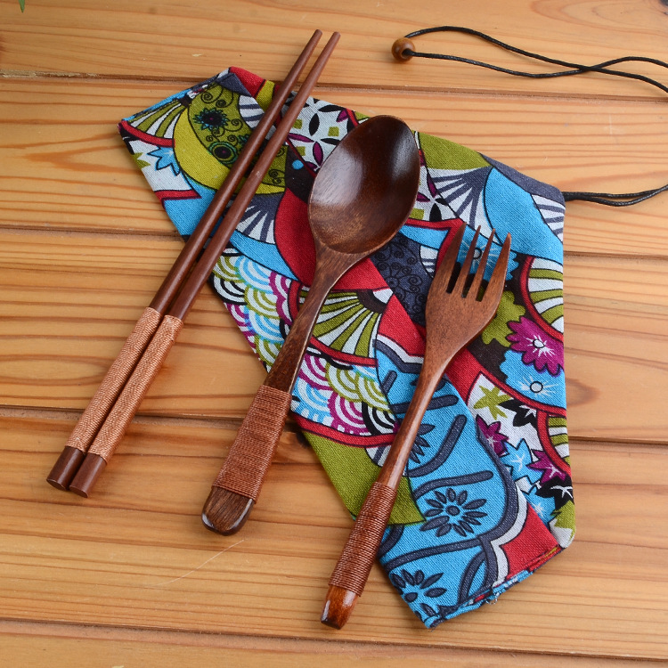 新品木質便攜勺筷叉套裝 創意個性纏線木勺筷三件套餐具 廠傢直銷工廠,批發,進口,代購