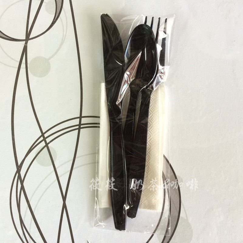 一次性塑料刀叉勺 7寸黑色刀叉勺+紙巾 打包餐具套裝批發・進口・工廠・代買・代購