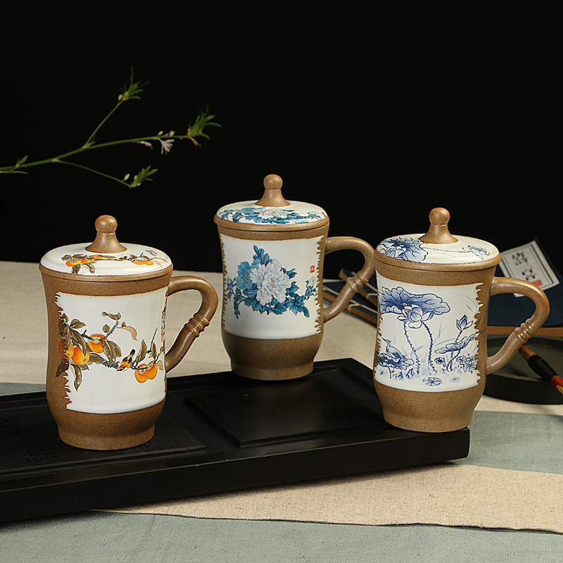 廠傢直銷陶瓷水杯 復古粗陶帶蓋個人杯辦公茶杯 創意茶具批發・進口・工廠・代買・代購