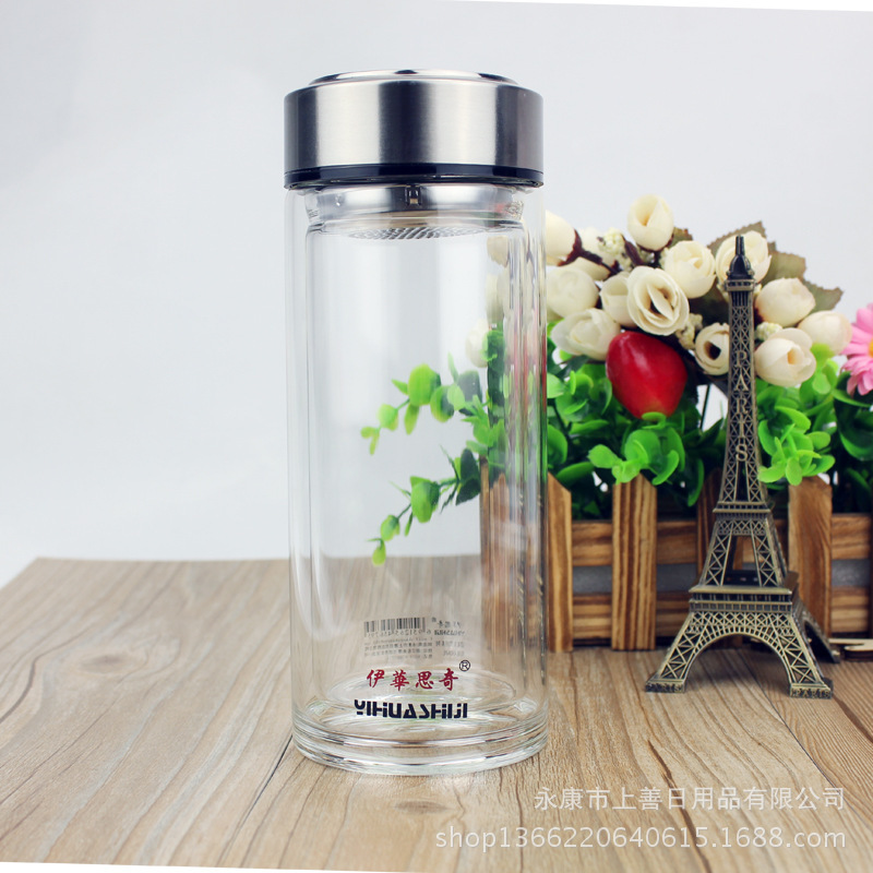 新款簡約透明雙層玻璃杯 廣告禮品杯子定製logo 帶過濾網泡茶水杯批發・進口・工廠・代買・代購