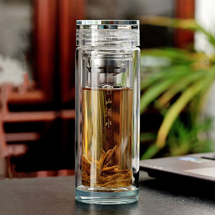 批發禮品創意高山流水玻璃茶杯雙層隔熱帶濾網水杯可定製LOGO透明批發・進口・工廠・代買・代購