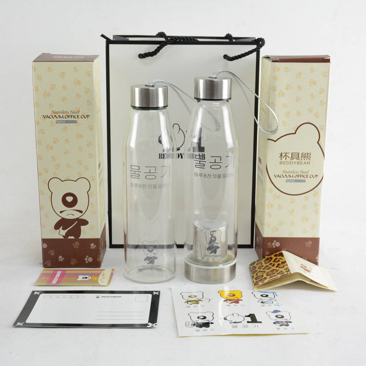 韓國正品beddy bear杯具熊玻璃杯 透明便攜帶蓋帶茶隔水杯批發・進口・工廠・代買・代購