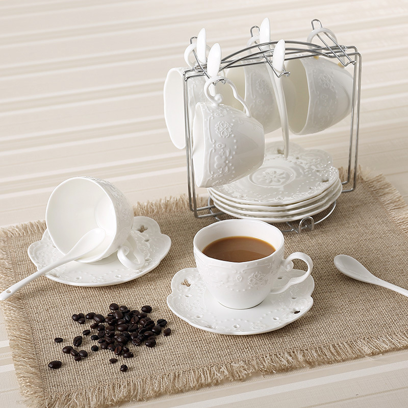 日式陶瓷咖啡杯套裝骨瓷浮雕蕾絲鏤空咖啡杯具套裝批發 廠傢直銷工廠,批發,進口,代購