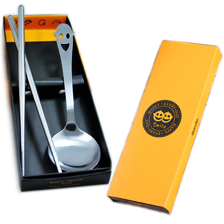 不銹鋼開心笑臉餐具兩件套 勺子 筷子 韓式禮品 2件套禮盒工廠,批發,進口,代購