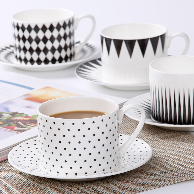 北歐黑白幾何骨瓷咖啡杯套裝簡約創意歐式咖啡杯碟英式下午茶杯子工廠,批發,進口,代購