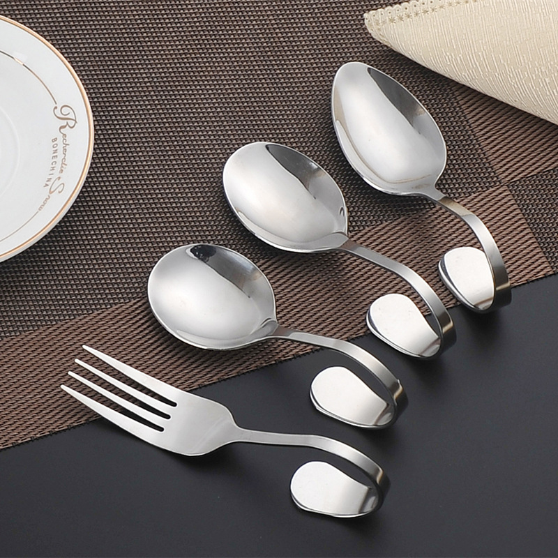 韓式創意不銹鋼餐具 可掛杯沿 彎柄匙 可立式湯匙 韓式匙叉工廠,批發,進口,代購