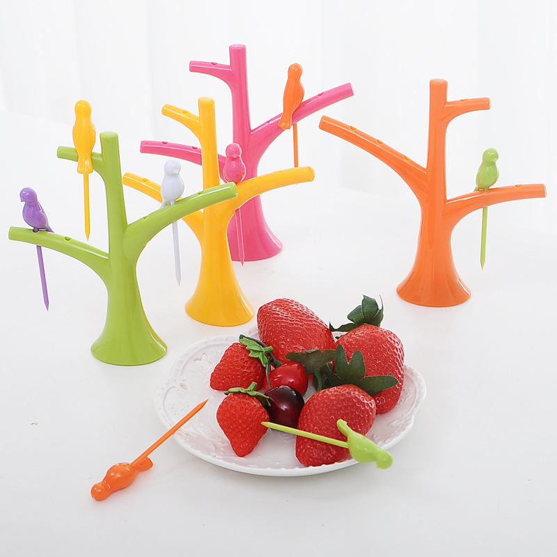 創意傢居 韓版水果叉時尚塑料水果簽 樹梢支架小鳥水果叉套裝591工廠,批發,進口,代購