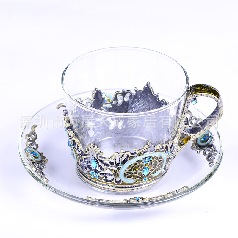 歐式復古琺瑯彩咖啡杯創意水晶玻璃杯套裝傢用喝水杯結婚生日禮物工廠,批發,進口,代購