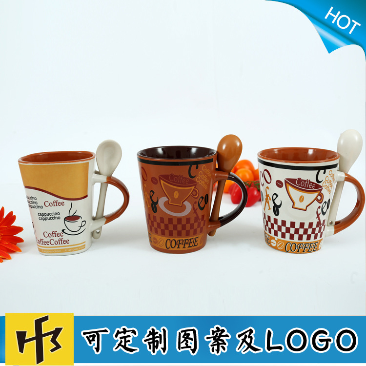 醴陵生產廠傢直銷供應創意炻瓷帶勺子陶瓷咖啡杯套裝 可批發定製批發・進口・工廠・代買・代購
