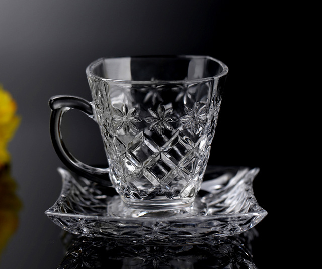 歐式玻璃刻花太陽花方形格子水晶耐熱帶把咖啡杯碟花茶品茗杯批發・進口・工廠・代買・代購