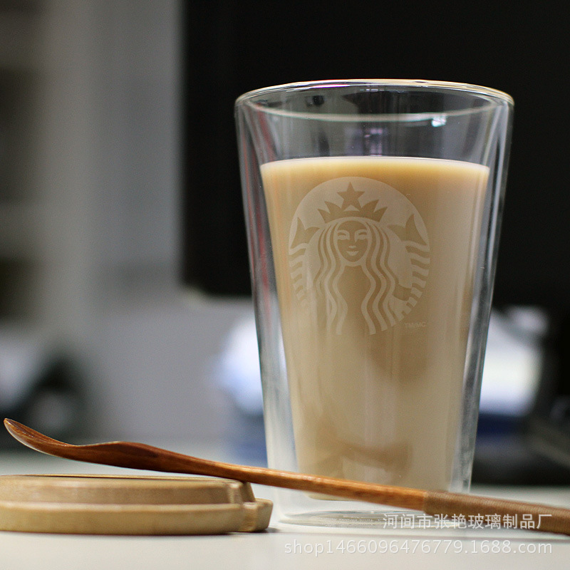 耐熱透明星巴克雙層玻璃杯咖啡杯帶蓋直身牛奶杯廠傢加工定製批發・進口・工廠・代買・代購