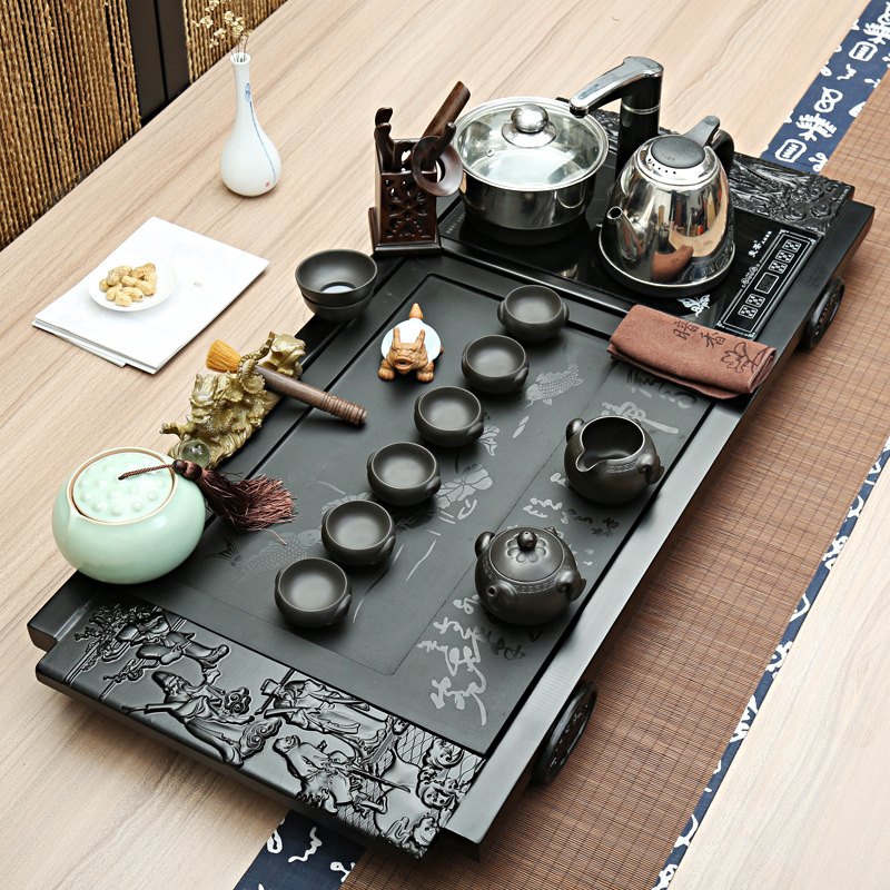 廠傢直銷 實木烏金石組合茶盤 紫砂冰裂陶瓷四合一電磁爐茶具套裝工廠,批發,進口,代購
