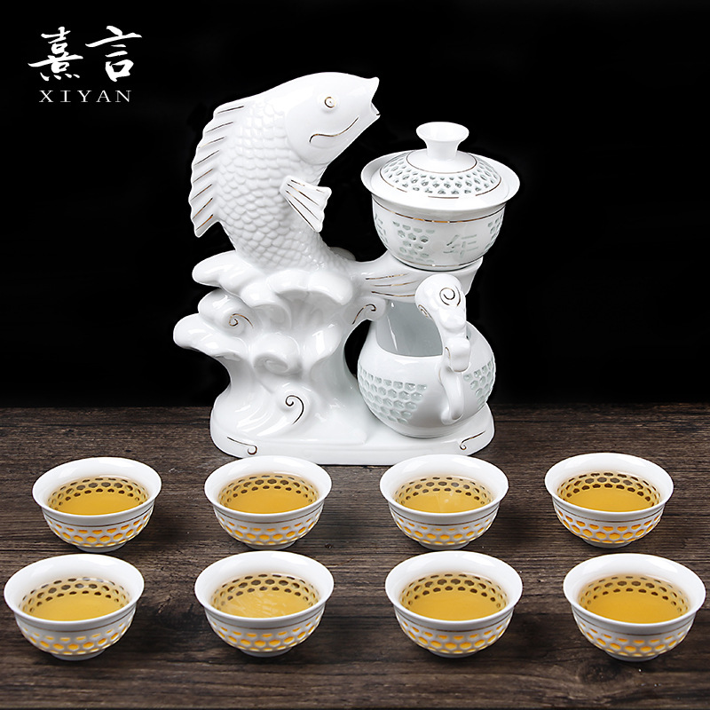 景德鎮全自動茶具整套裝陶瓷功夫茶杯玲瓏鏤空創意透明懶人泡茶器工廠,批發,進口,代購