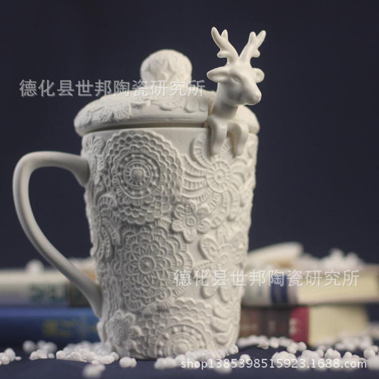 可愛蕾絲毛線浮雕陶瓷杯創意麋鹿勺聖誕節禮物馬克杯可帶蓋咖啡杯批發・進口・工廠・代買・代購