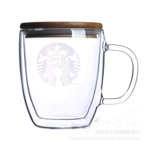 批發 正品星巴克雙層杯透明耐高溫玻璃咖啡杯竹蓋玻璃蓋馬克杯批發・進口・工廠・代買・代購
