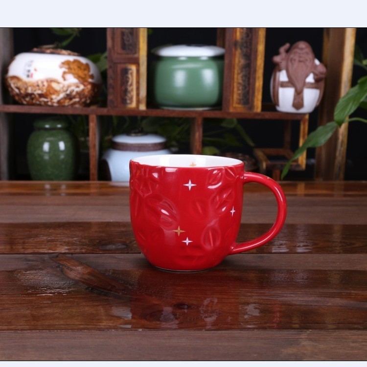 星巴克紅色 2014新款聖誕花印記浮雕馬克杯 咖啡杯 陶瓷杯子 水杯批發・進口・工廠・代買・代購
