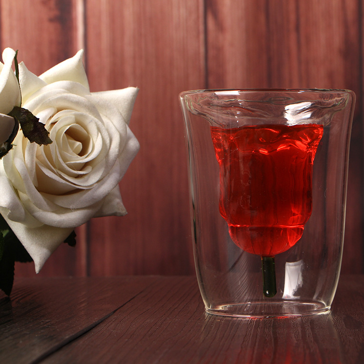 情人節禮品玫瑰花酒杯創意雙層耐高溫玻璃杯紅酒香檳土陶茶具批發・進口・工廠・代買・代購