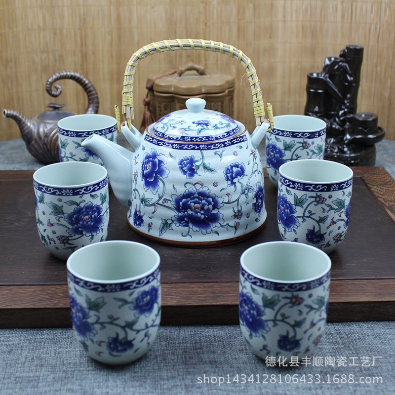 德化陶瓷日式茶具七頭提梁功夫茶具藍牡丹陶瓷茶壺茶具套裝批發・進口・工廠・代買・代購