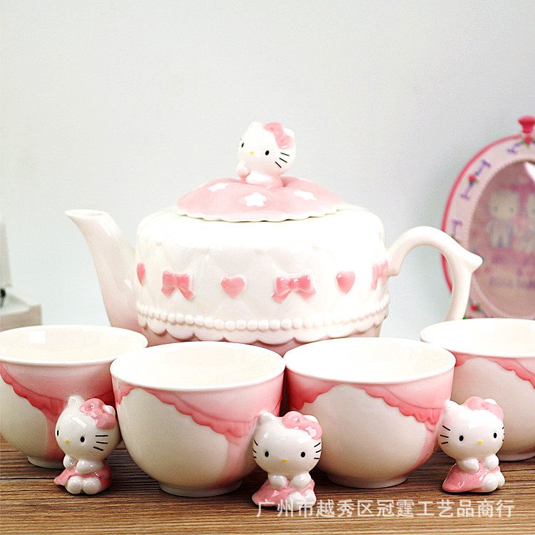 新品hellokitty琺瑯瓷一壺四杯凱蒂貓茶壺套裝 創意可愛茶具 禮品工廠,批發,進口,代購