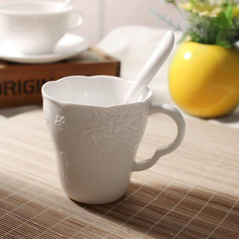 萬和歐式骨瓷杯子白色浮雕蕾絲咖啡杯 簡約陶瓷馬克杯創意水杯批發・進口・工廠・代買・代購