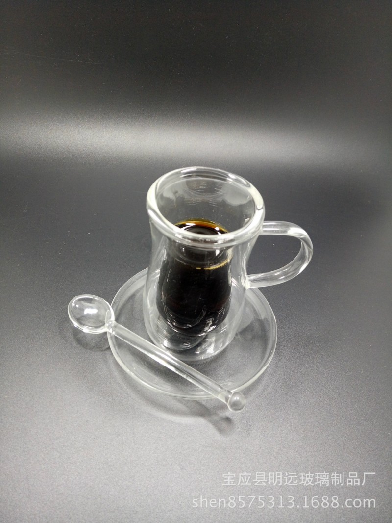 玻璃咖啡杯 雙層隔熱玻璃杯 純手工吹製加厚馬克杯透明杯帶碟和勺批發・進口・工廠・代買・代購